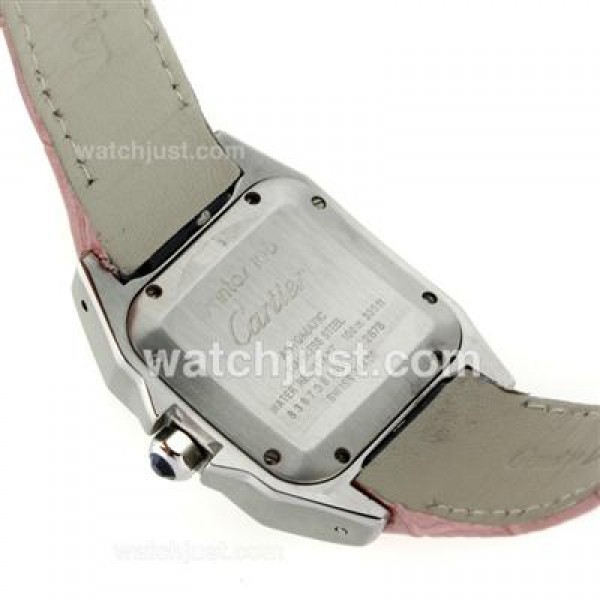 Cartier Santos 100 with White Dial-Pink Leather Strap