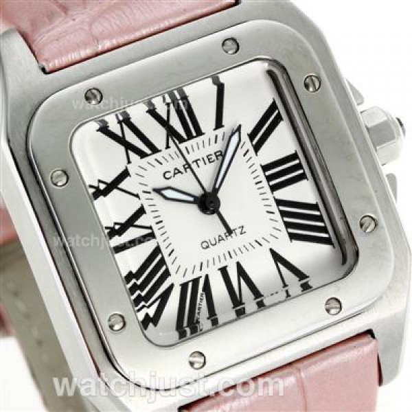 Cartier Santos 100 with White Dial-Pink Leather Strap