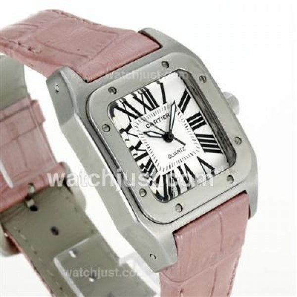 Cartier Santos 100 with White Dial-Pink Leather Strap