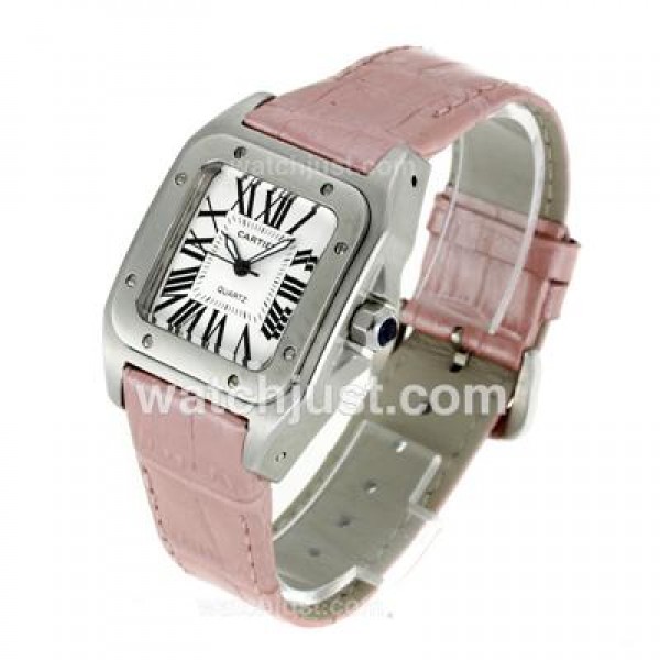 Cartier Santos 100 with White Dial-Pink Leather Strap