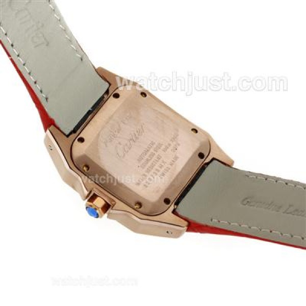 Cartier Santos 100 Rose Glod Case with White Dial-Red Leather Strap