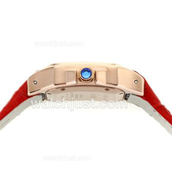 Cartier Santos 100 Rose Glod Case with White Dial-Red Leather Strap