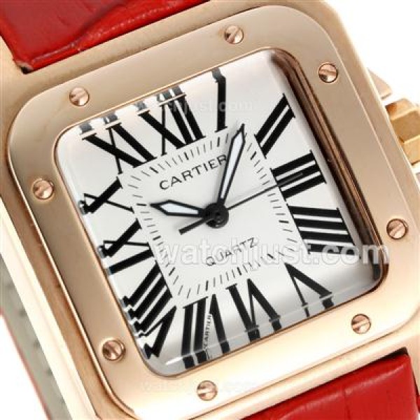 Cartier Santos 100 Rose Glod Case with White Dial-Red Leather Strap