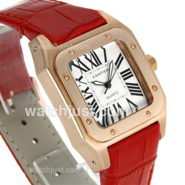 Cartier Santos 100 Rose Glod Case with White Dial-Red Leather Strap