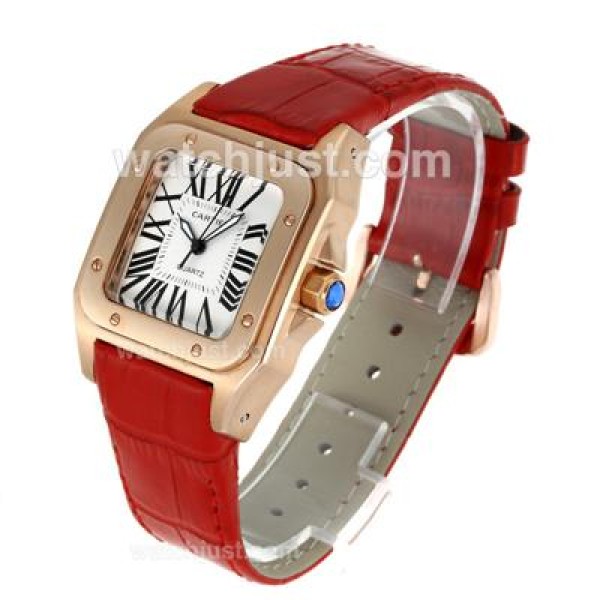 Cartier Santos 100 Rose Glod Case with White Dial-Red Leather Strap