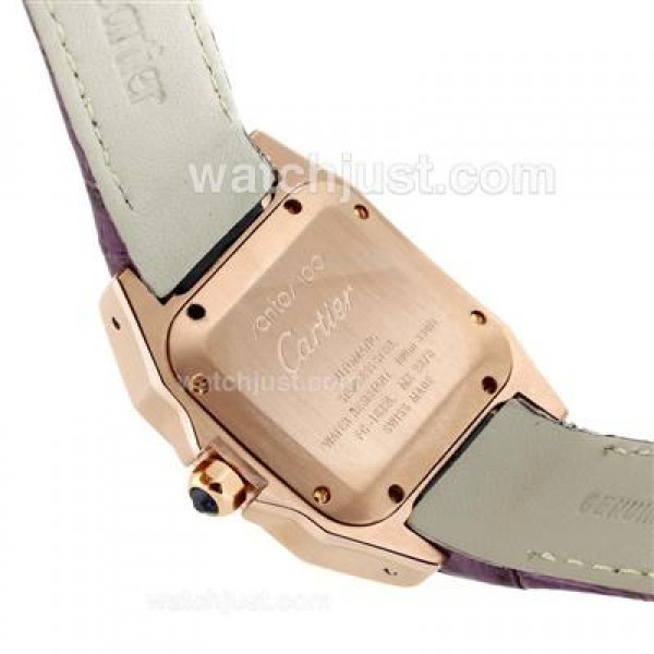 Cartier Santos 100 Rose Glod Case with White Dial-Purple Leather Strap