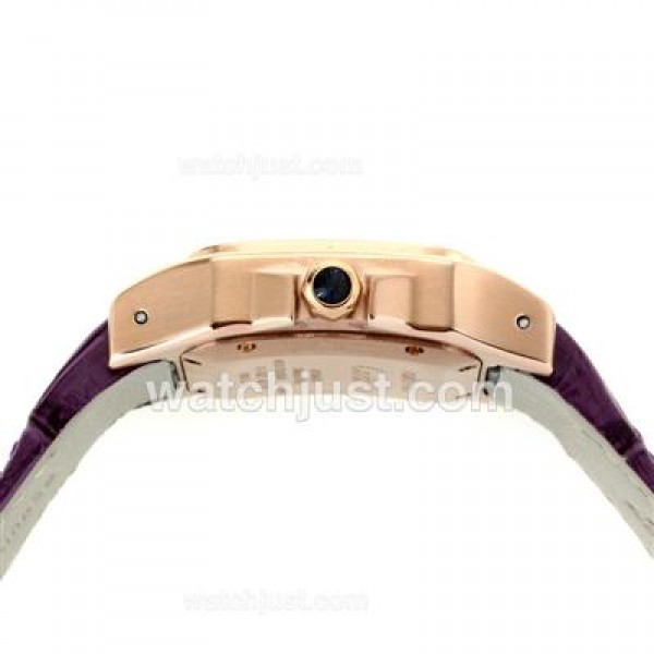 Cartier Santos 100 Rose Glod Case with White Dial-Purple Leather Strap