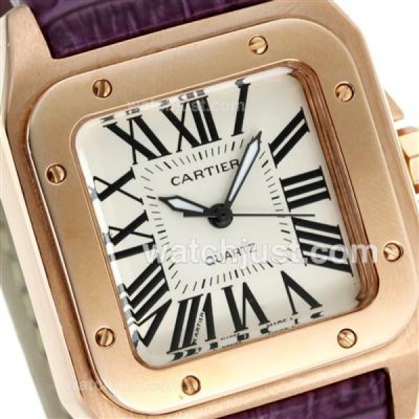 Cartier Santos 100 Rose Glod Case with White Dial-Purple Leather Strap