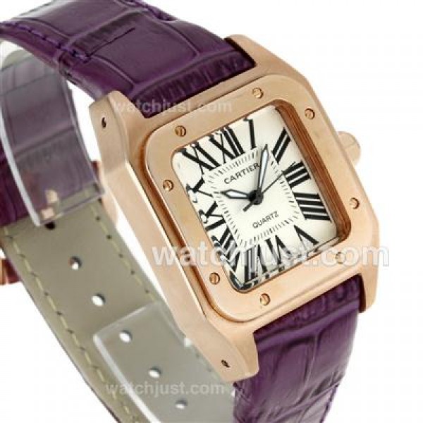 Cartier Santos 100 Rose Glod Case with White Dial-Purple Leather Strap