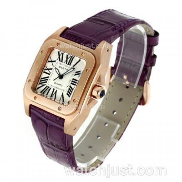 Cartier Santos 100 Rose Glod Case with White Dial-Purple Leather Strap