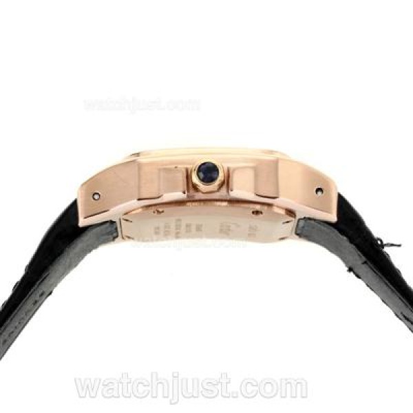 Cartier Santos 100 Rose Glod Case with White Dial-Black Leather Strap