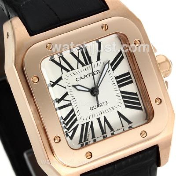 Cartier Santos 100 Rose Glod Case with White Dial-Black Leather Strap