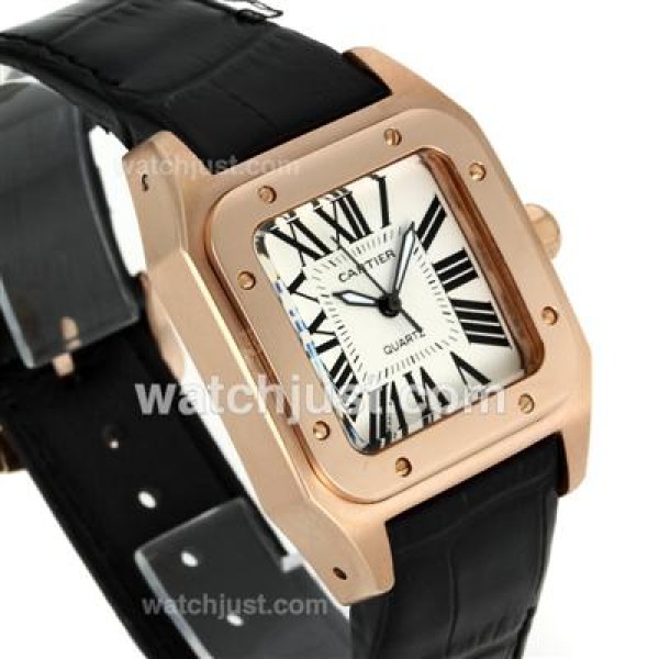 Cartier Santos 100 Rose Glod Case with White Dial-Black Leather Strap