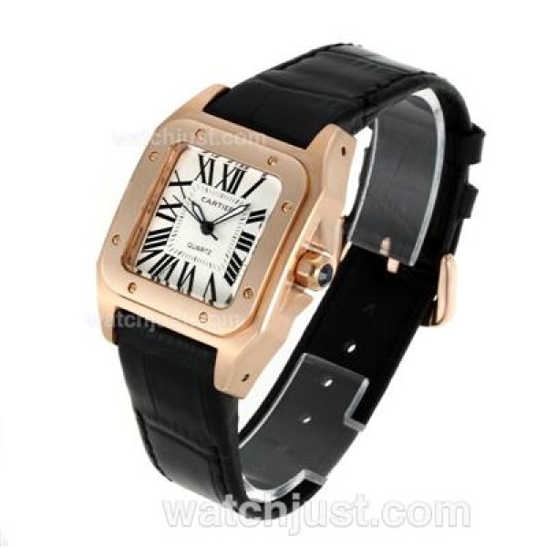 Cartier Santos 100 Rose Glod Case with White Dial-Black Leather Strap