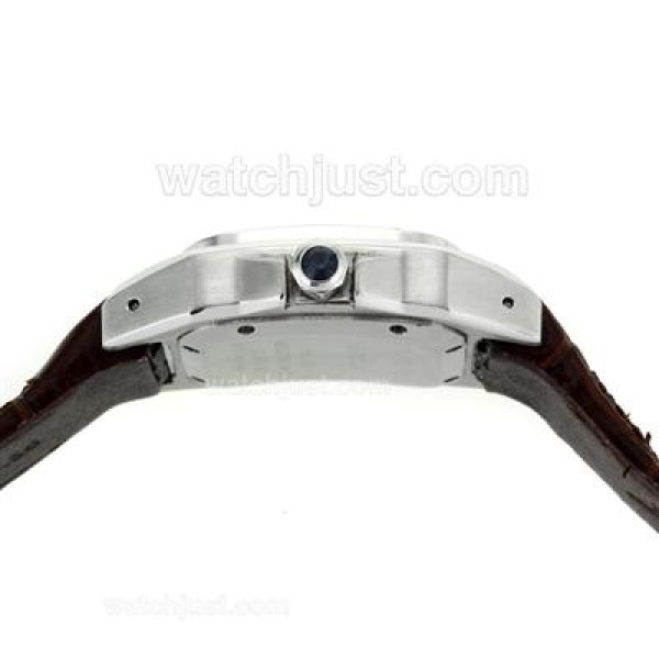 Cartier Santos 100 with White Dial-Brown Leather Strap