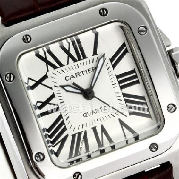 Cartier Santos 100 with White Dial-Brown Leather Strap
