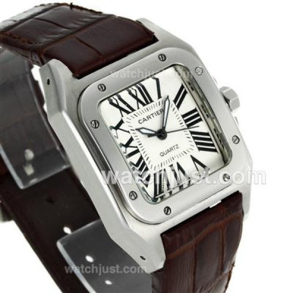 Cartier Santos 100 with White Dial-Brown Leather Strap