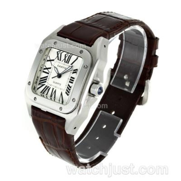Cartier Santos 100 with White Dial-Brown Leather Strap