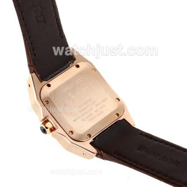Cartier Santos 100 Rose Gold Case with White Dial-Brown Leather Strap