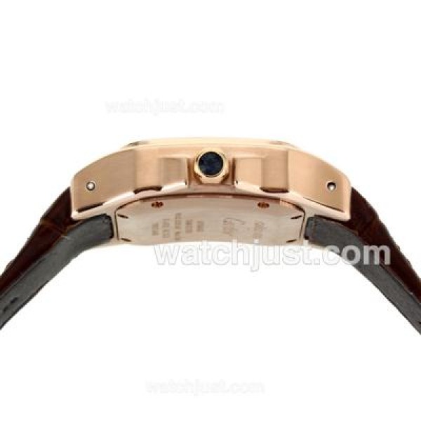 Cartier Santos 100 Rose Gold Case with White Dial-Brown Leather Strap