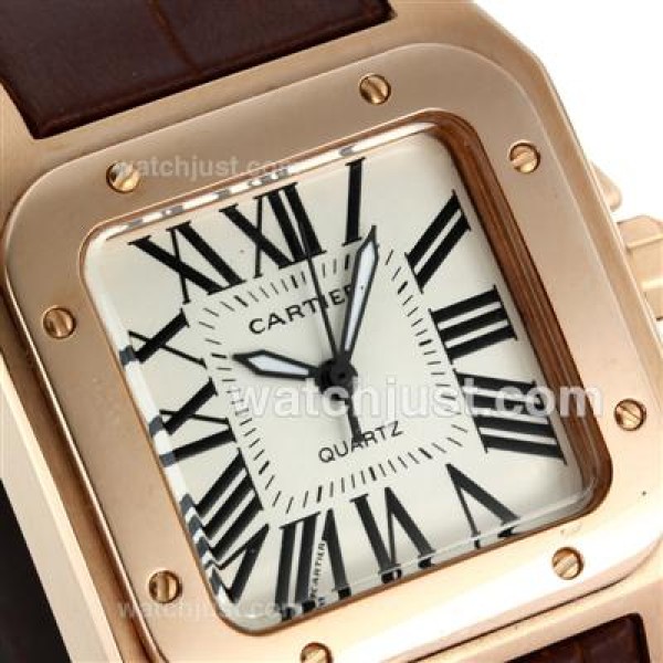 Cartier Santos 100 Rose Gold Case with White Dial-Brown Leather Strap