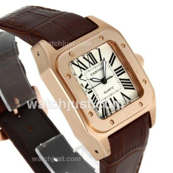 Cartier Santos 100 Rose Gold Case with White Dial-Brown Leather Strap