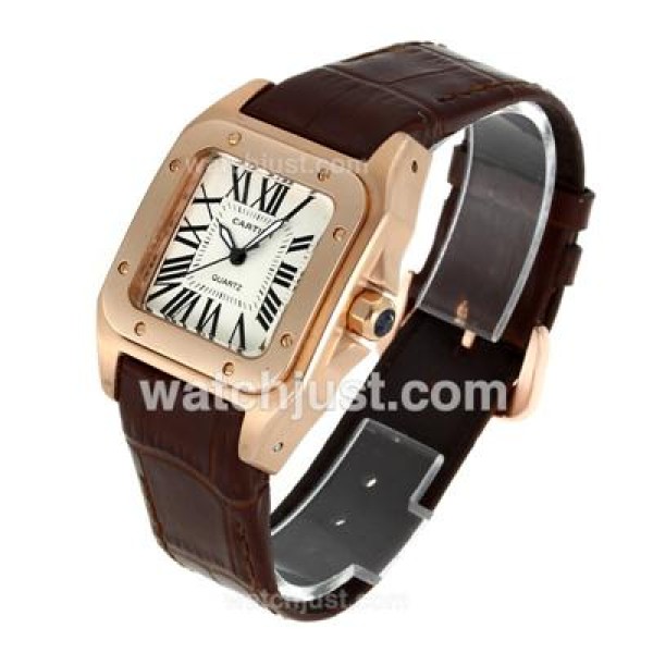 Cartier Santos 100 Rose Gold Case with White Dial-Brown Leather Strap