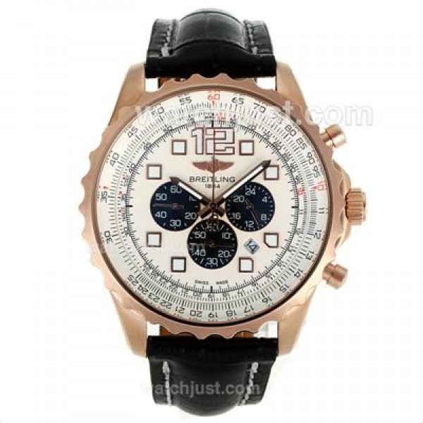 Breitling Chronospace Working Chronograph Rose Gold Case with White Dial-Leather Strap