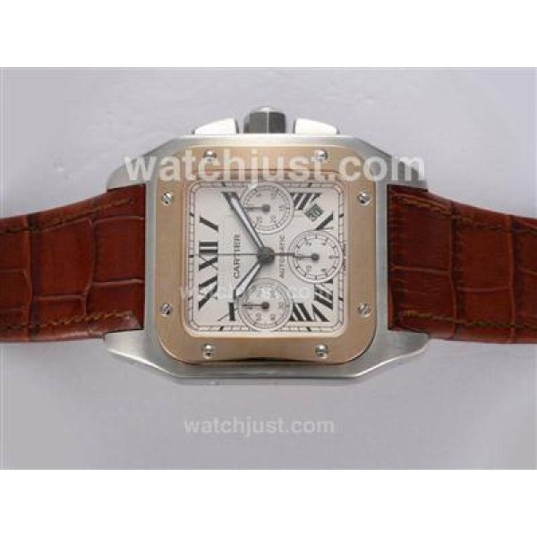 Cartier Santos 100 Chronograph Swiss Valjoux 7750 Movement Two Tone with White Dial