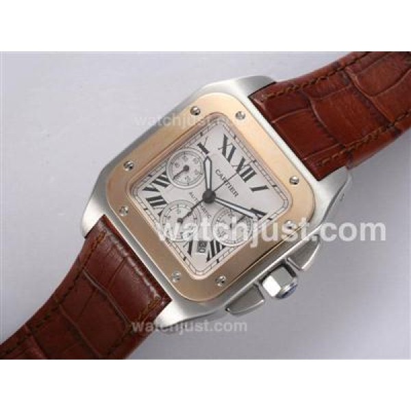 Cartier Santos 100 Chronograph Swiss Valjoux 7750 Movement Two Tone with White Dial