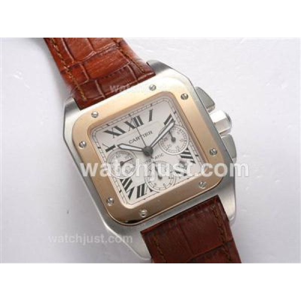 Cartier Santos 100 Chronograph Swiss Valjoux 7750 Movement Two Tone with White Dial