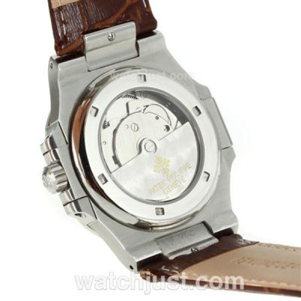 Patek Philippe Nautilus Automatic Stick Markers with Black Dial-Leather Strap