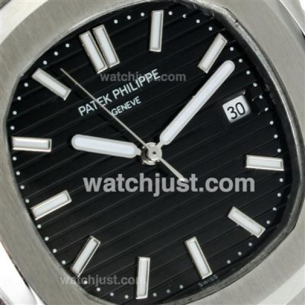 Patek Philippe Nautilus Automatic Stick Markers with Black Dial-Leather Strap