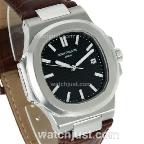 Patek Philippe Nautilus Automatic Stick Markers with Black Dial-Leather Strap