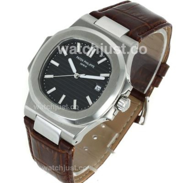 Patek Philippe Nautilus Automatic Stick Markers with Black Dial-Leather Strap