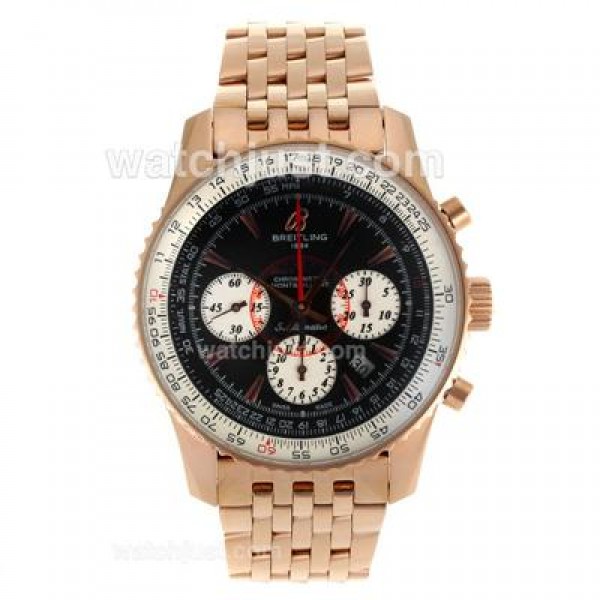 Breitling Montbrillant Chronograph Swiss Valjoux 7750 Movement Rose Gold Case with Black Dial-Stick Markers
