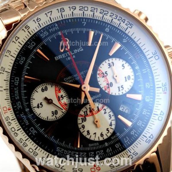 Breitling Montbrillant Chronograph Swiss Valjoux 7750 Movement Rose Gold Case with Black Dial-Stick Markers