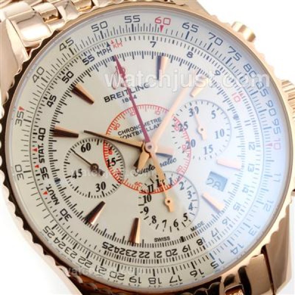 Breitling Montbrillant Chronograph Swiss Valjoux 7750 Movement Rose Gold Case with White Dial-Stick Markers