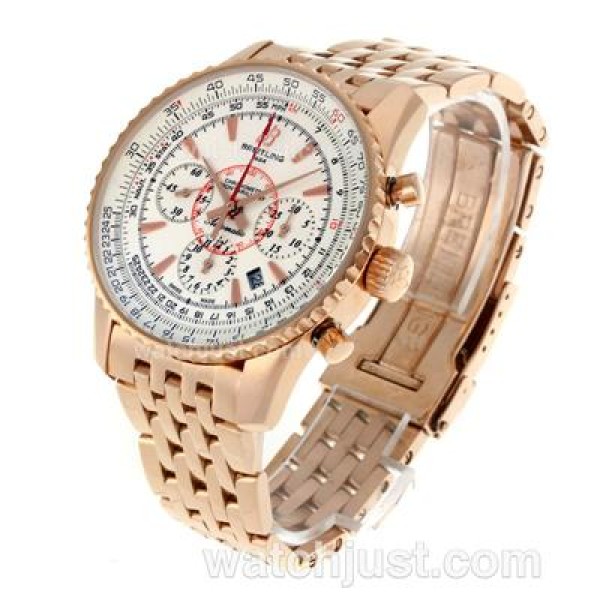 Breitling Montbrillant Chronograph Swiss Valjoux 7750 Movement Rose Gold Case with White Dial-Stick Markers