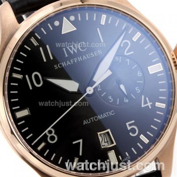 IWC Pilot Working Power Reserve Automatic Rose Gold Case White Markers with Black Dial-Leather Strap