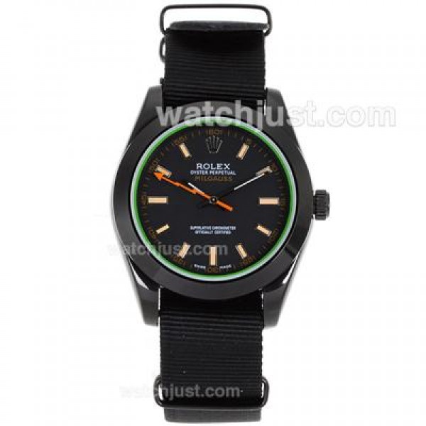 UK Swiss Movement Rolex Milgauss Automatic PVD Case Orange Markers with Black Dial-Nylon Strap Watches