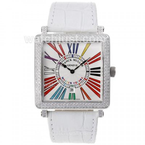 Franck Muller Master Square Swiss ETA Movement Diamond Bezel with White Dial and Strap