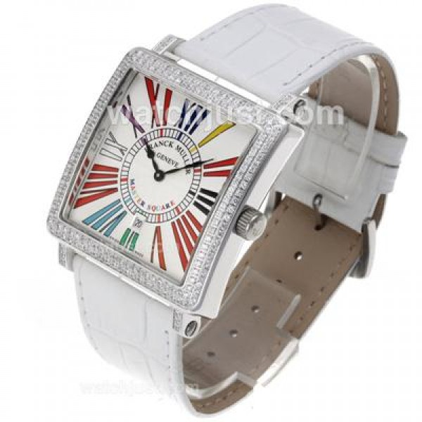Franck Muller Master Square Swiss ETA Movement Diamond Bezel with White Dial and Strap