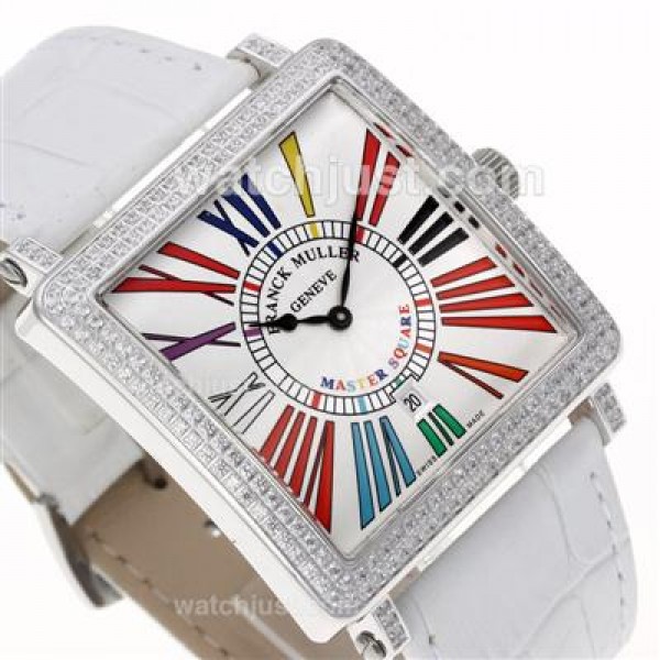 Franck Muller Master Square Swiss ETA Movement Diamond Bezel with White Dial and Strap