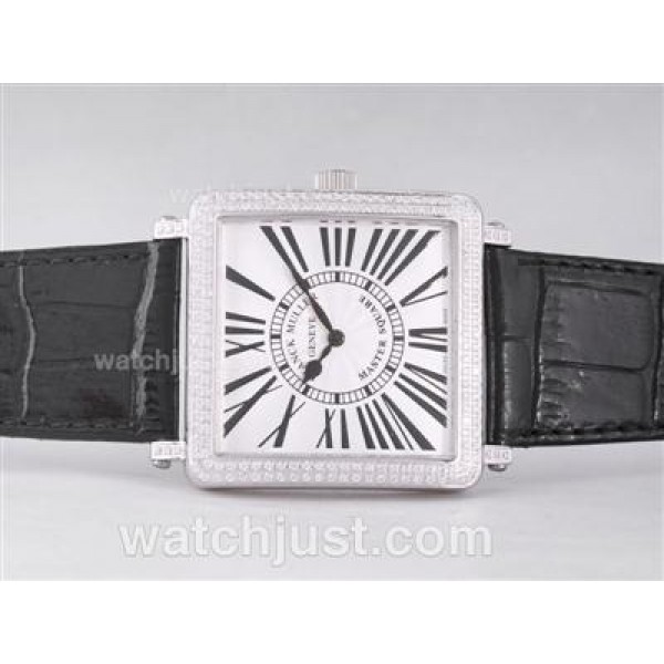 Franck Muller Master Square Swiss ETA Movement Diamond Bezel with White Dial and Black Strap