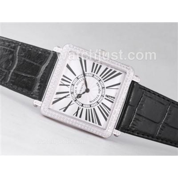 Franck Muller Master Square Swiss ETA Movement Diamond Bezel with White Dial and Black Strap