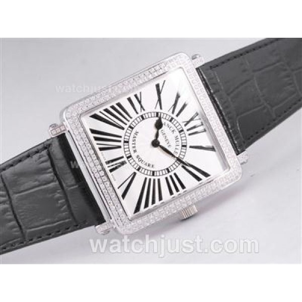 Franck Muller Master Square Swiss ETA Movement Diamond Bezel with White Dial and Black Strap