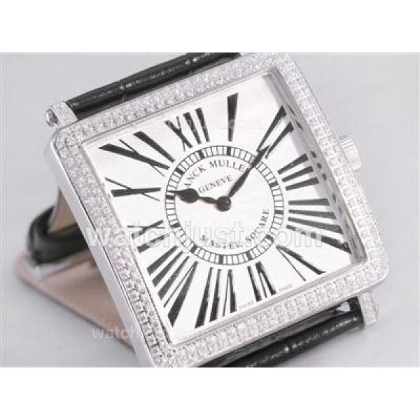 Franck Muller Master Square Swiss ETA Movement Diamond Bezel with White Dial and Black Strap