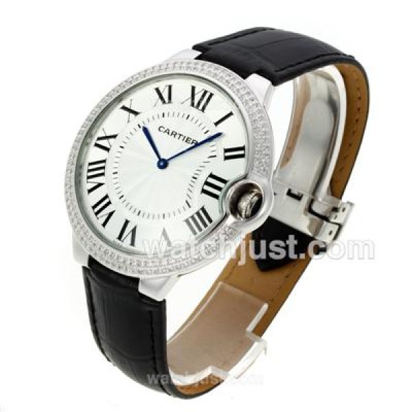 Cartier Ballon bleu de Cartier Diamond Bezel with White Dial-Leather Strap
