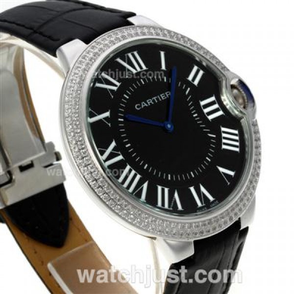 Cartier Ballon bleu de Cartier Diamond Bezel with Black Dial-Leather Strap